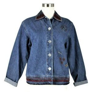 Chico's Denim Jacket Beaded Applique Embroidered Embellished Blue Women's Size 4